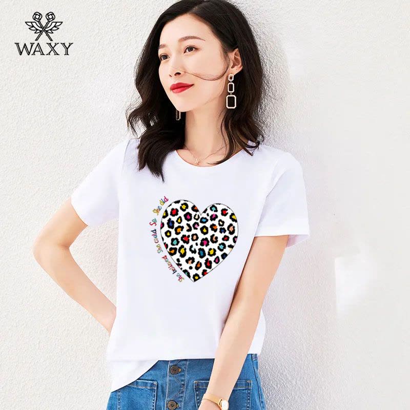WAXY豹纹爱心印花短袖T恤女春夏新款欧货轻奢圆领纯棉上衣打底衫图片