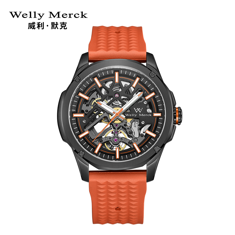 welly merck威利默克手表男新款自动机械表品牌正品防水时尚男表大表盘镂空黑迷宫腕表WM70M