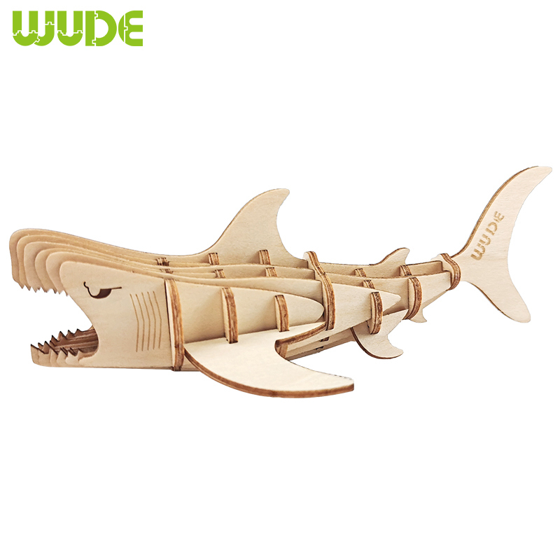 WUDE 巨齿鲨海洋动物立体3d拼图木质diy积木玩具女孩儿童手工拼装艾菲尔模型组装插片摆件圣诞礼物