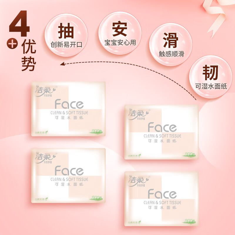 洁柔抽纸粉Face软抽3层24包可湿水面巾纸家庭用纸擦手纸餐巾纸卫生纸 整箱装高清大图