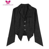 YUNWUXINMSHI CB2022年复古显瘦韩版几何翻领提花长袖收腰衬衫上衣女潮