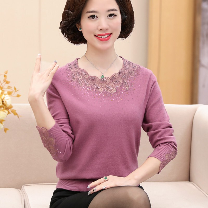 2018新款妈妈春秋装长袖上衣洋气中年毛衣中老年女装针织打底衫薄