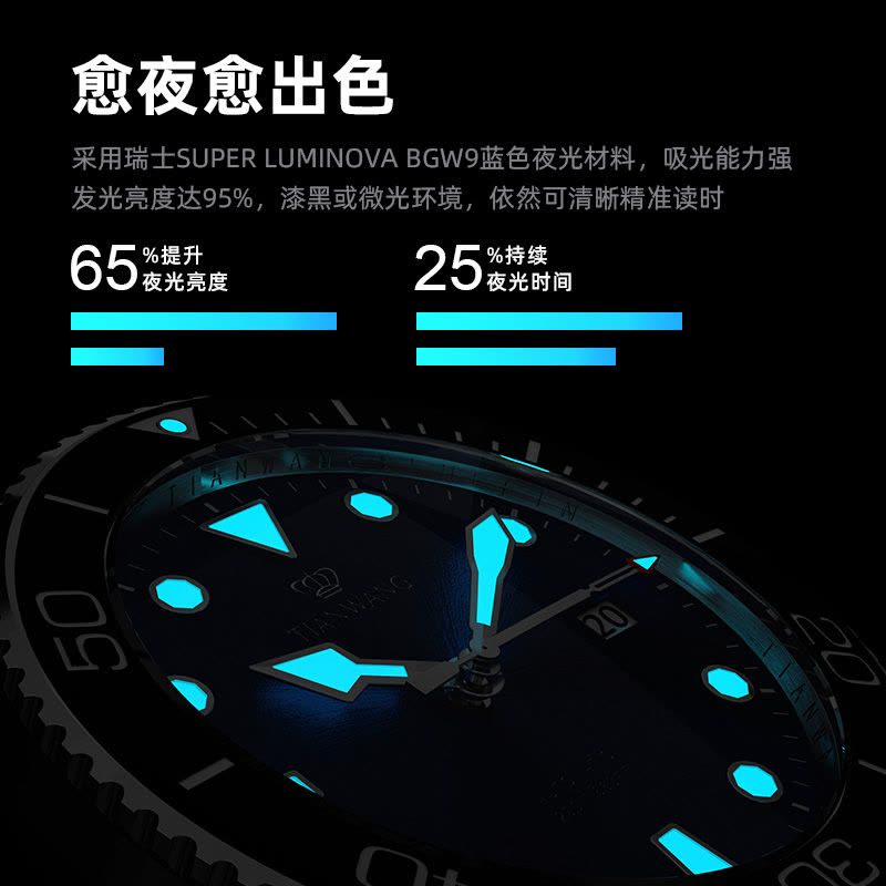 天王手表 男表新品蓝鳍系列200米防水运动手表强夜光自动机械表可潜水游泳冲浪男士腕表201251图片