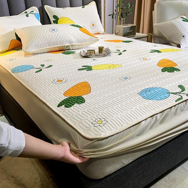 美帮汇乳胶凉席三件套夏冰丝席1.8m床床笠式可水洗折叠1.2米1.5空调软席 床笠式乳胶凉席-果蔬-白 1.8m（6英尺）床