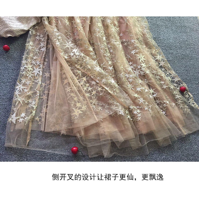 星星刺绣仙女长裙女春夏2018半身裙超重工珍珠烫钻星空开衩网纱裙半裙