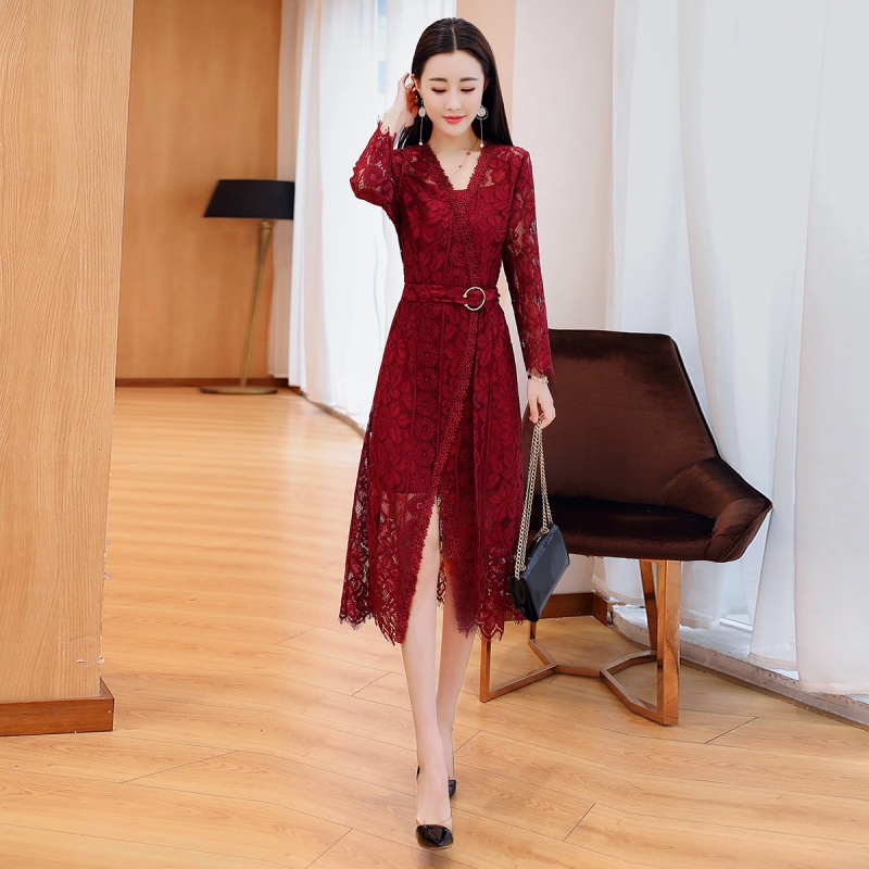 中长款长袖v领连衣裙女装女士春秋季新品两件套蕾丝修身套装裙子