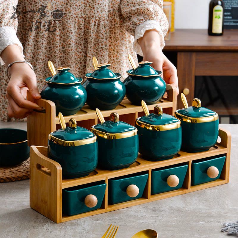 轻奢北欧陶瓷调料盒油壶调味瓶玻璃瓶密封罐盐味精佐料套装收纳盒图片