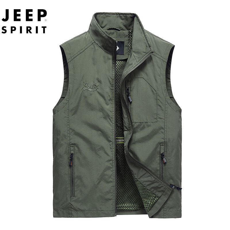 JEEP SPIRIT吉普专卖男装马甲速干立领背心户外轻质网眼马夹春秋中老年免烫防风外套