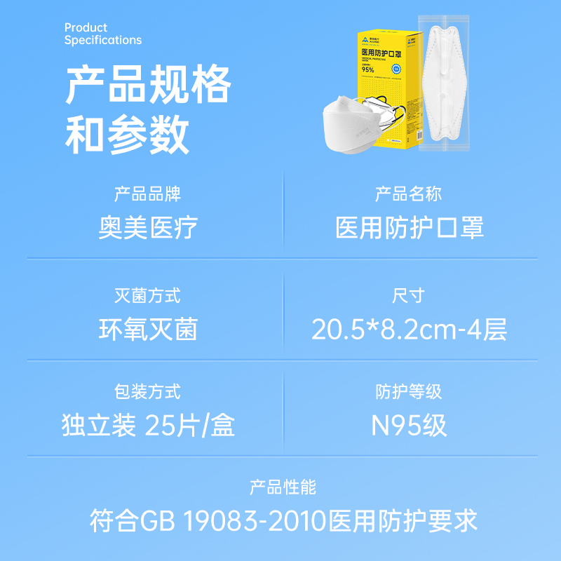 奥美医疗n95级医用防护口罩一次性医疗级别夏季鱼嘴型官方旗舰店