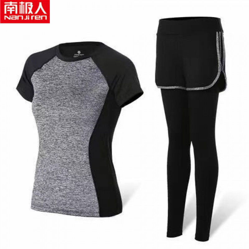 瑜伽服运动套装女春夏健身服跑步锻炼衣修身显瘦网红潮 瘦腰麻灰【短袖+长裤】 L【建议95-105斤】
