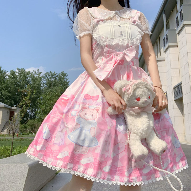 原创设计lolita裙正版护士小熊jsk吊带连衣裙学生可爱洛丽塔裙子 粉色 M(小码)