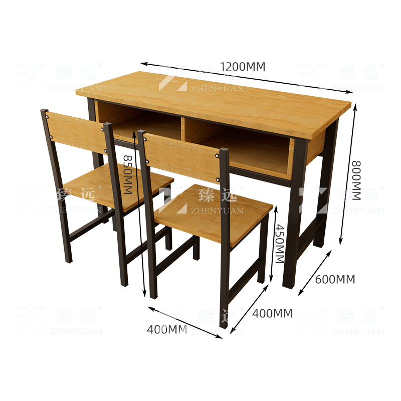 臻远ZY4082148 学生课桌椅双层带抽屉培训班学习桌学校辅导班教室双人桌 胡桃色含椅子+黑架1200*600*800高清大图