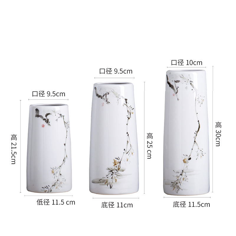 景德镇陶瓷手绘花瓶客厅办公室圆形艺术瓷瓶新中式办公桌花器摆件 三维工匠 三件套(不含花)
