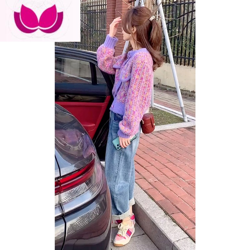 七斓小个子春季穿搭一整套春装2023年新款女套装针织毛衣牛仔裤套 紫罗兰上衣 S