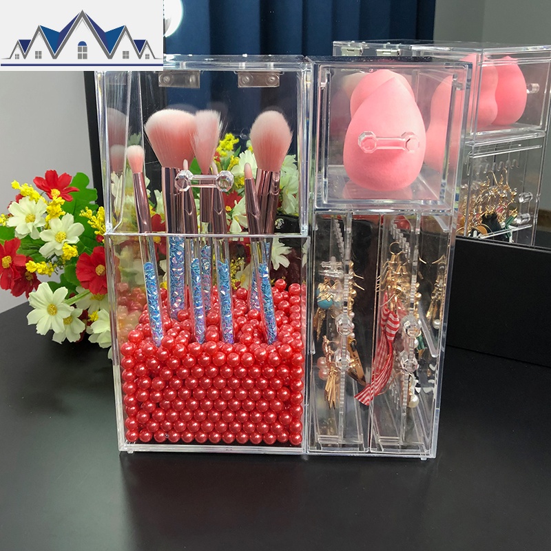 多功能桌面刷具筒防尘亚克力美妆刷桶化妆刷棉签收纳盒首饰收纳架_44_230 多功能刷桶首饰款+红色珍珠