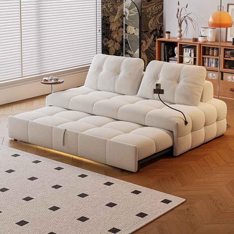 欧梵森 轻奢沙发床小户型可折叠双人小户型客厅两用多功能沙发床简约现代组合猫抓绒沙发床 1.8米尊享款【感应灯+托盘+支架】 猫抓皮乳胶款【多色可选，拍下备注】