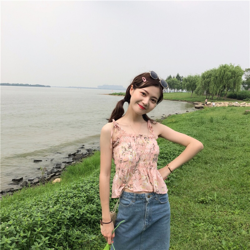 夏季2018新款韩版宽松防晒衣雪纺碎花短款上衣带背心女外穿学生粉红色带单件均码