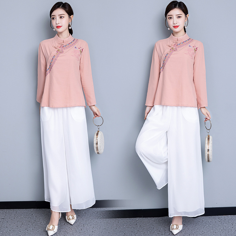 复古文艺亚麻长袖上衣秋季中国风汉服禅意女装棉麻茶服中式禅修服