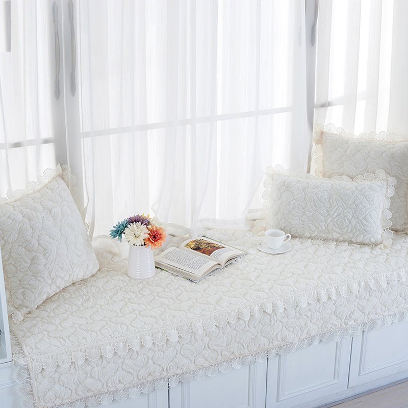 汐岩阳台飘窗垫窗台垫卧室飘窗装饰榻榻米四季坐垫儿童房公主风飘窗毯 玫瑰毛绒-白色宽50+20*长180cm一张