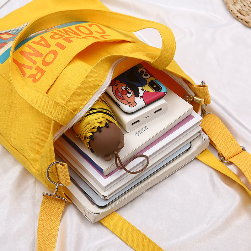 包女夏文艺ins风大学生上课单肩带拉链的日系手提帆布袋黑色 条绒材质