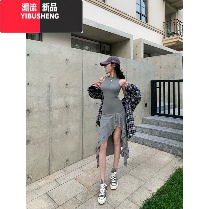 YIBUSHENG灰色荷叶边修身背心连衣裙女季气质无袖中长款开叉收腰包臀裙子图片