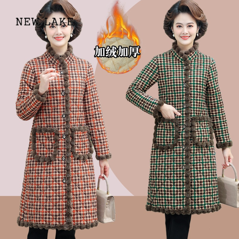 new lake妈妈装冬季中长版保暖棉服大尺码中老年女装加厚花色棉衣洋派