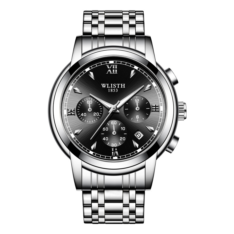 沃力仕男士手表钢带手表男商务腕表 防水多功能手表日历男表 黑面银带4#