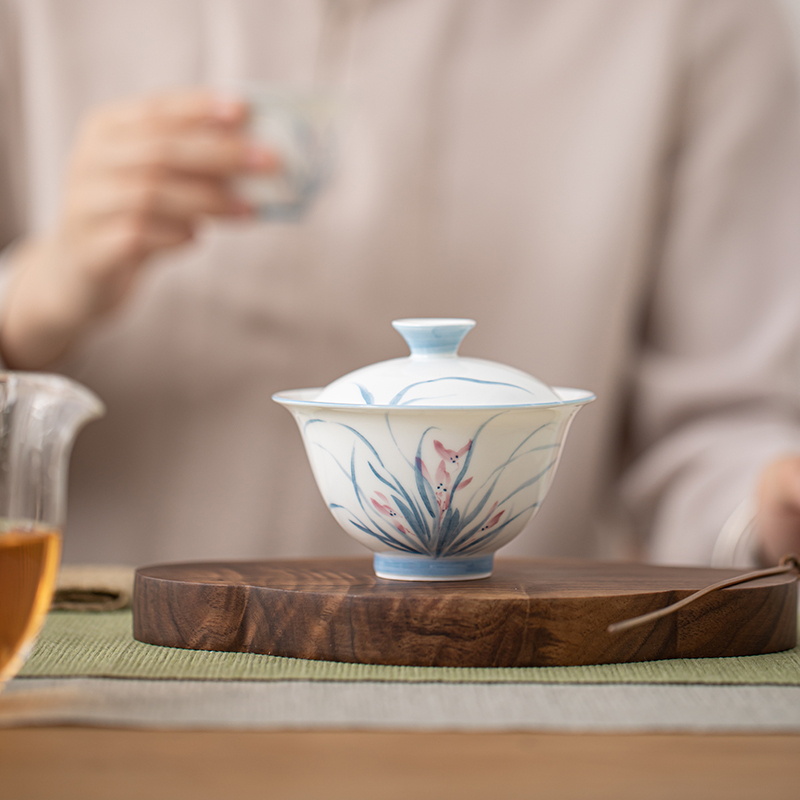 苏氏陶瓷(SUSHI CERAMICS)手绘羊脂玉瓷兰花二才盖碗非遗老师苏爱珍作品