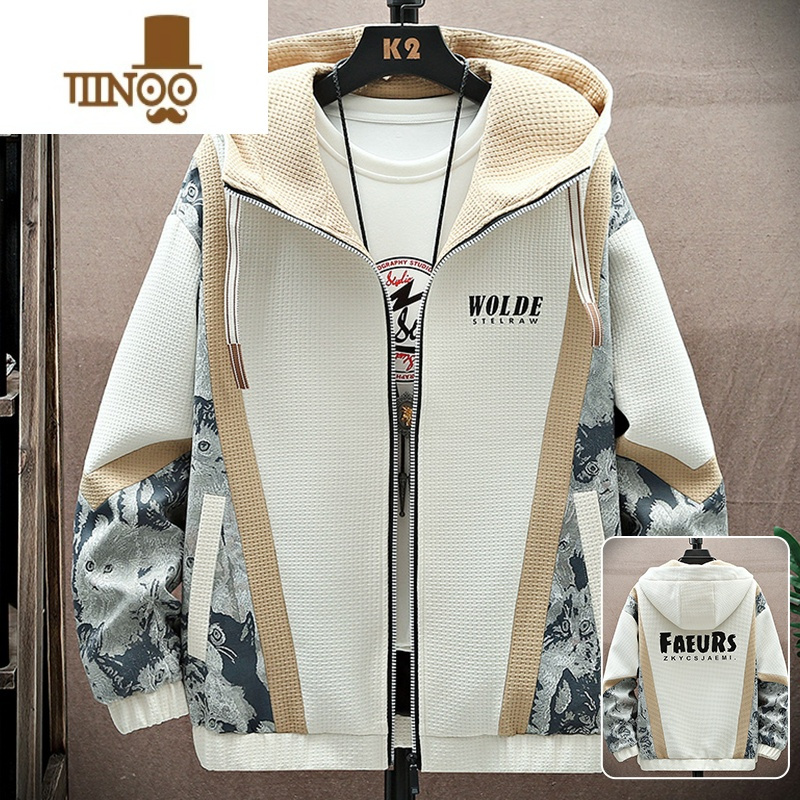 YANXU男士外套潮流拼接韩版连帽夹克港风休闲宽松潮牌青少年上衣服