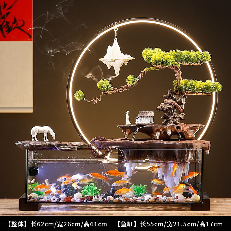 创意免换水生态玻璃鱼缸造景假山流水摆件循环水客厅办公室装饰品