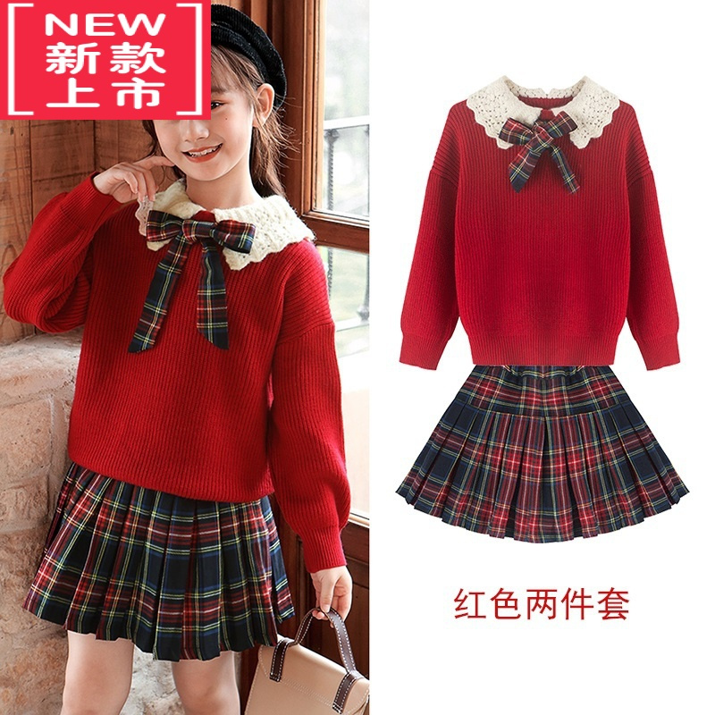 可莉允女童JK套装毛衣秋装大童洋气学院风裙子红色针织秋冬学生儿童童装