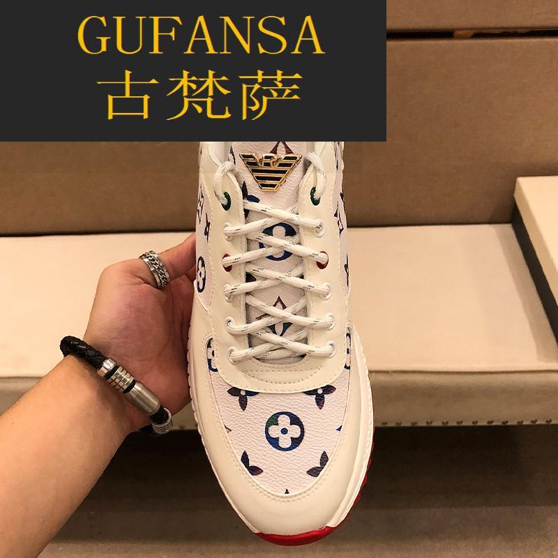 GUFANSA法国奢侈品牌 欧洲上流名士高端品牌2021新款正品个性真皮休闲鞋男士舒适运动小白鞋个性印花lv.162
