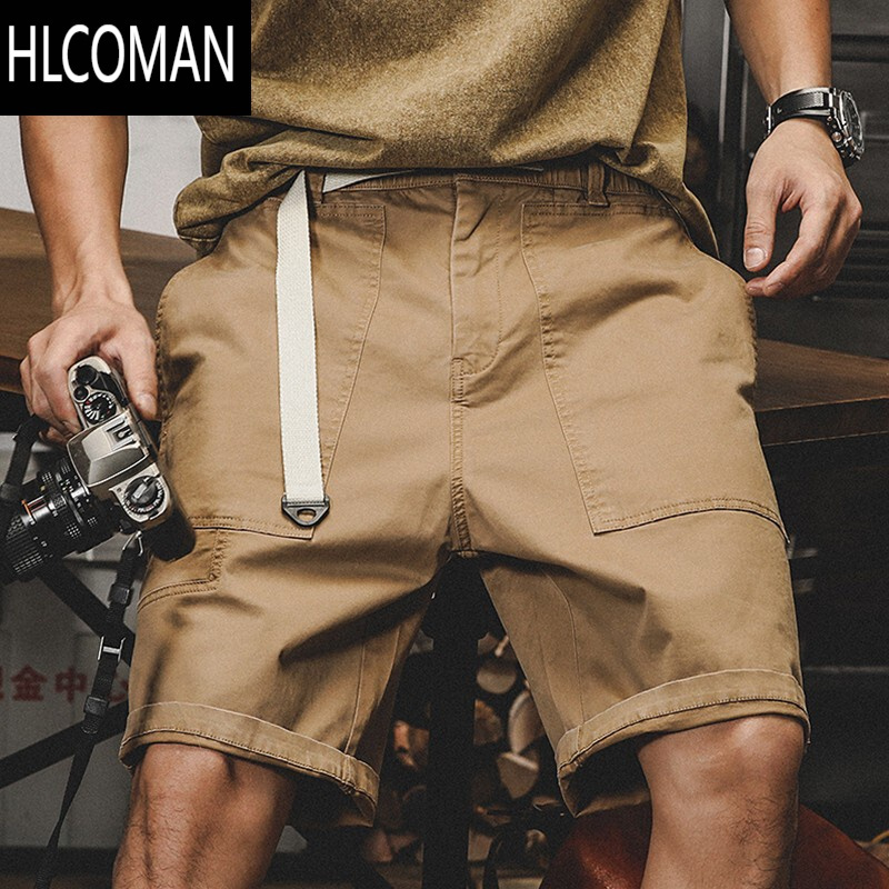 HLCOMAN美式复古短裤男夏季工装薄款潮牌宽松中裤腰带设计感五分裤子男士