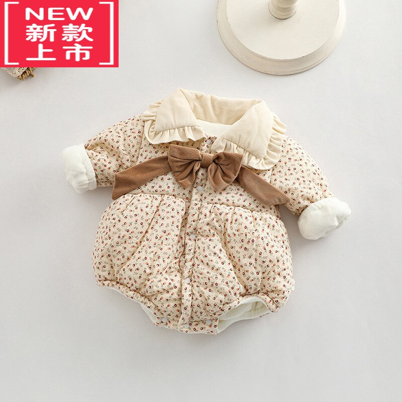可莉允韩版冬季婴儿衣服女宝宝夹棉加厚冬款棉服超萌包屁碎花蝴蝶结哈衣