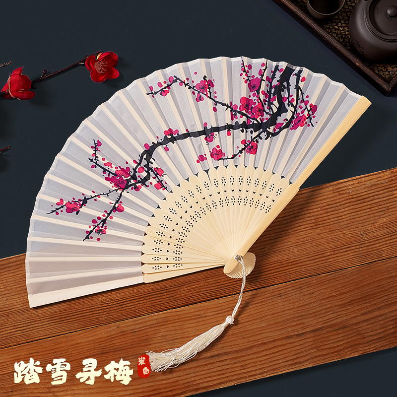 iChoice古风扇子折扇中国风舞蹈夏季随身便携折叠流苏小巧扇-踏雪寻梅(起订量:20把)