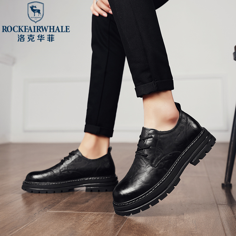 华菲工装鞋夏季男鞋英伦风马丁靴圆头黑色低帮真皮大头休闲小皮鞋子