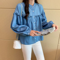 唐狮秋季衬衫女荷叶边分割长袖衬衣气质淑女纯色上衣百搭
