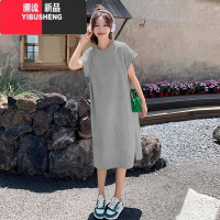 YIBUSHENG大码女装t恤连衣裙小个子衣服季胖mm宽松遮肚子显瘦长款Y L 浅灰色纯色款