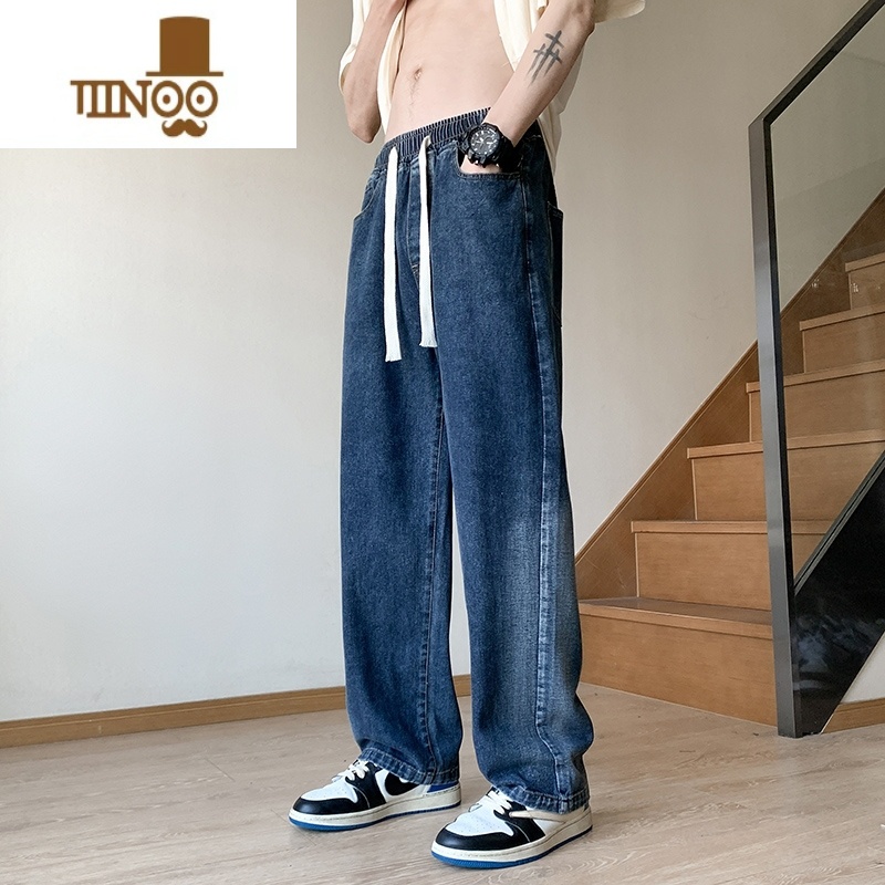 YANXU松紧腰直筒宽松牛仔裤男2023新款潮流百搭青少年休闲长裤子高清大图