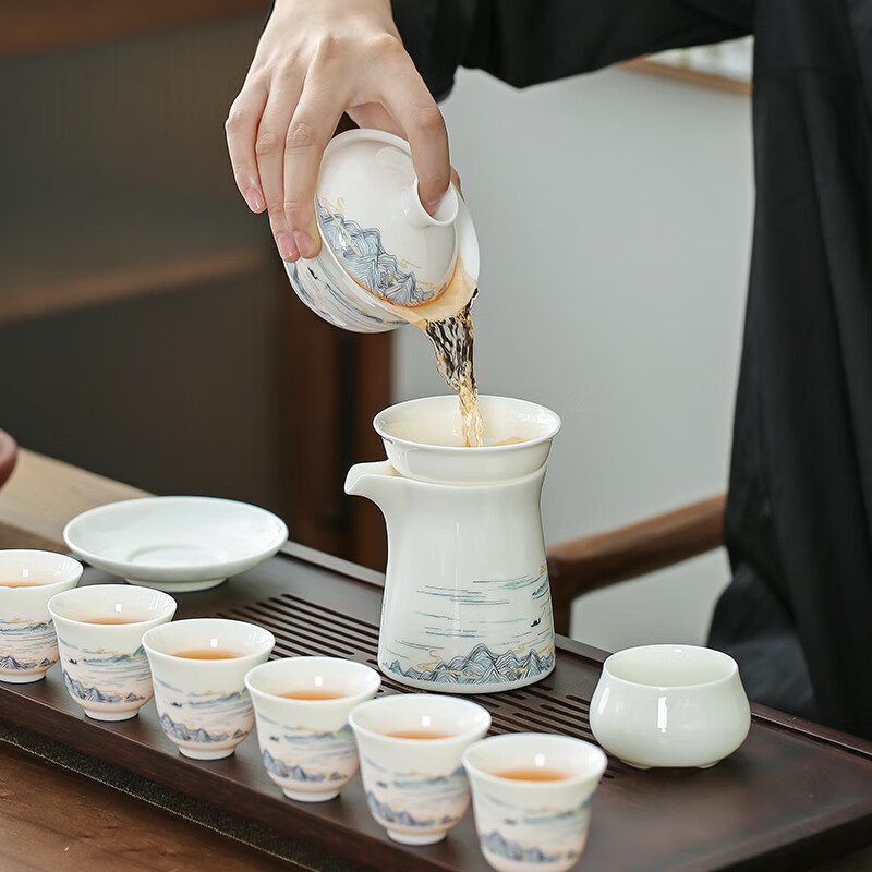 金镶玉 屹白山水套装 陶瓷茶壶茶杯羊脂玉白瓷家用茶具套装高清大图