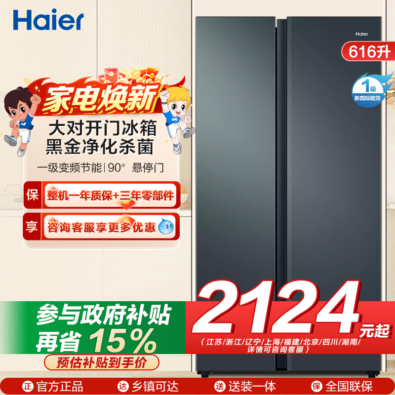 海尔(Haier)616升对开门超薄嵌入冰箱 鲸式储量 黑金净化 双变频一级能效 BCD-616WGHSSEDC9
