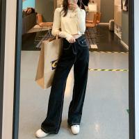 绑带破洞牛仔裤女夏季高腰直筒宽松显瘦百搭辣妹设计感阔腿拖地裤 黑色[9023] XS