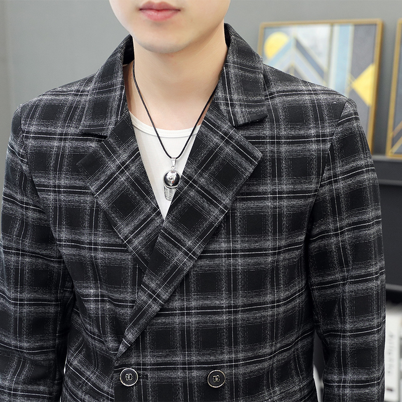 男士商务休闲西服格子外套潮流阔版单西青年帅气西装单件上衣男装 klg