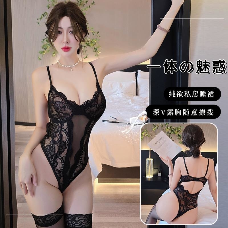 长夜漫漫情趣内衣欧美INS网红款性感透视花边连体衣夜店内塔2057 黑色+丝袜 均码(80-130斤)
