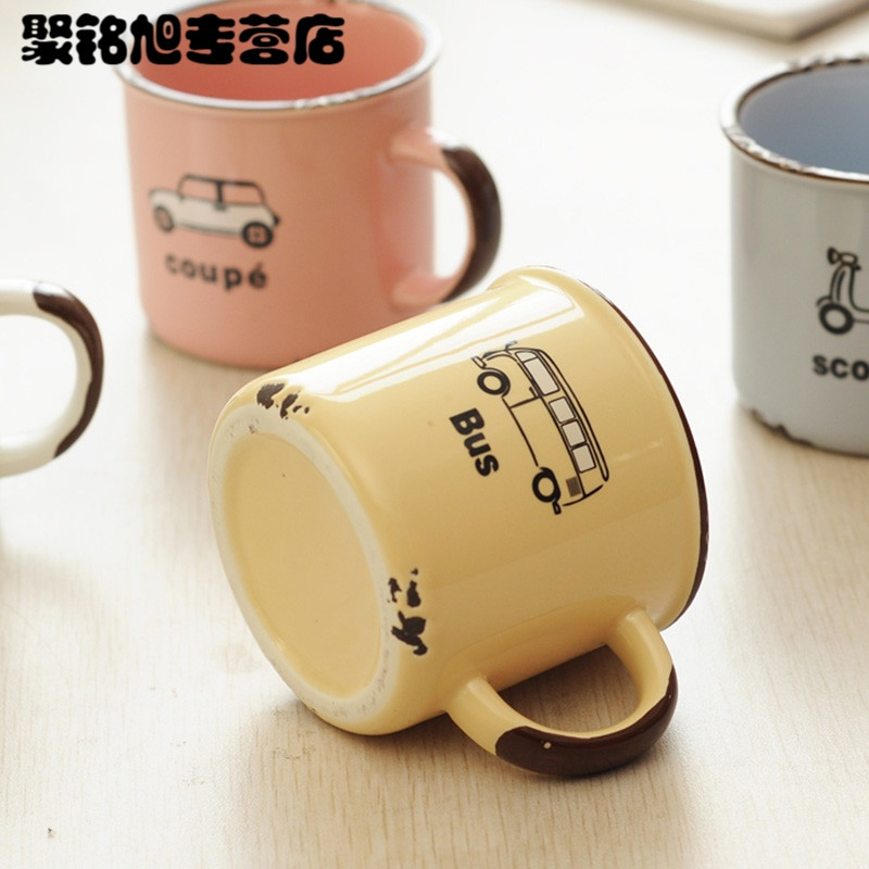 仿搪瓷杯子怀旧创意陶瓷杯子马克杯可爱卡通水杯情侣陶瓷咖啡杯