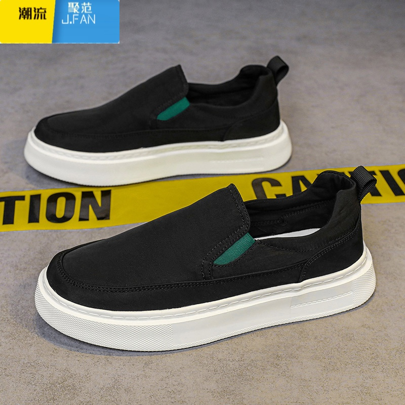 聚范男鞋夏季2024新款运动休闲男士黑色透气一脚蹬懒人老北京帆布板鞋
