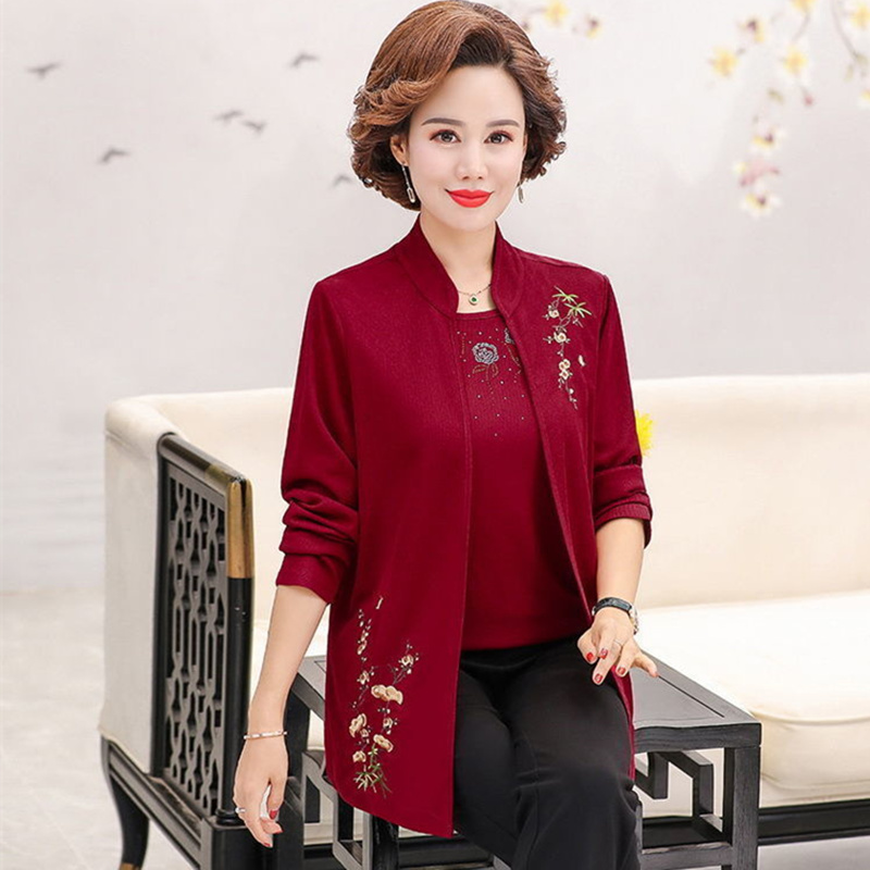 秋壳妈妈装春秋季中老年套装中年女装长袖开衫外套短袖上衣二件套