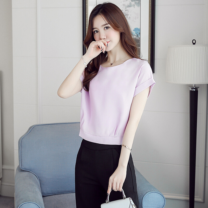 雪纺上衣短款宽松夏短袖遮肚子显瘦气质女装收腰短装t恤衫女高腰