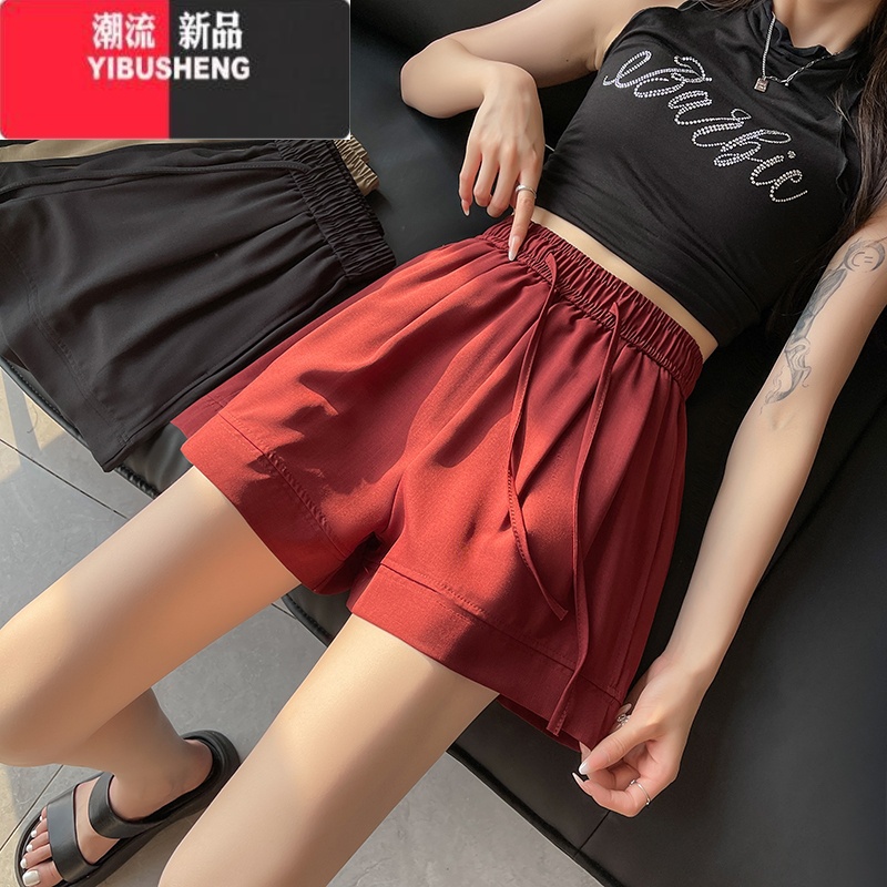YIBUSHENG大码红色冰丝运动短裤女季薄款胖mm宽松显瘦五分a字阔腿休闲裤高清大图