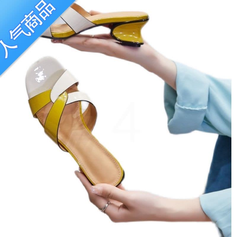 SUNTEK凉鞋2022夏季新款方跟中跟一字凉拖鞋外穿时尚女鞋图片